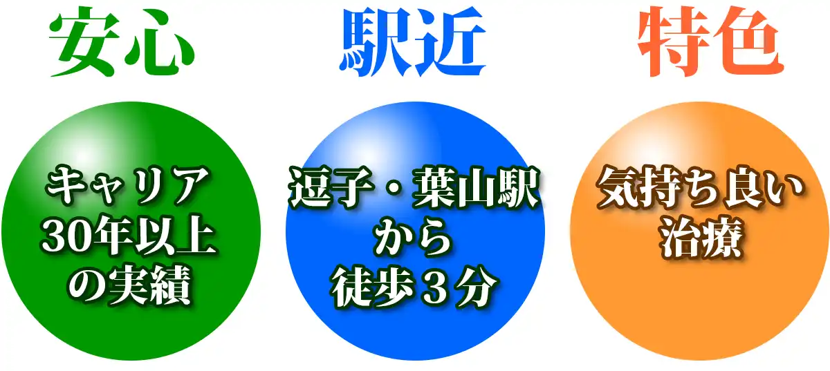 安心 キャリア30年以上の実績 駅近 逗子・葉山駅から徒歩3分 特色 気持ちいい治療